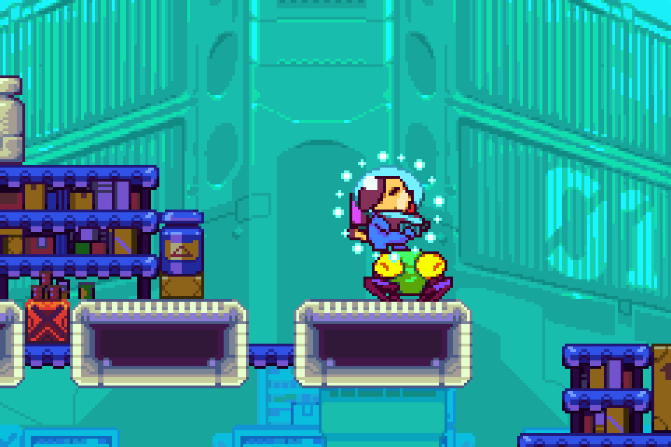 Goodboy Galaxy GBA gameplay — Maxwell crosses a platform in a blue-green cavern