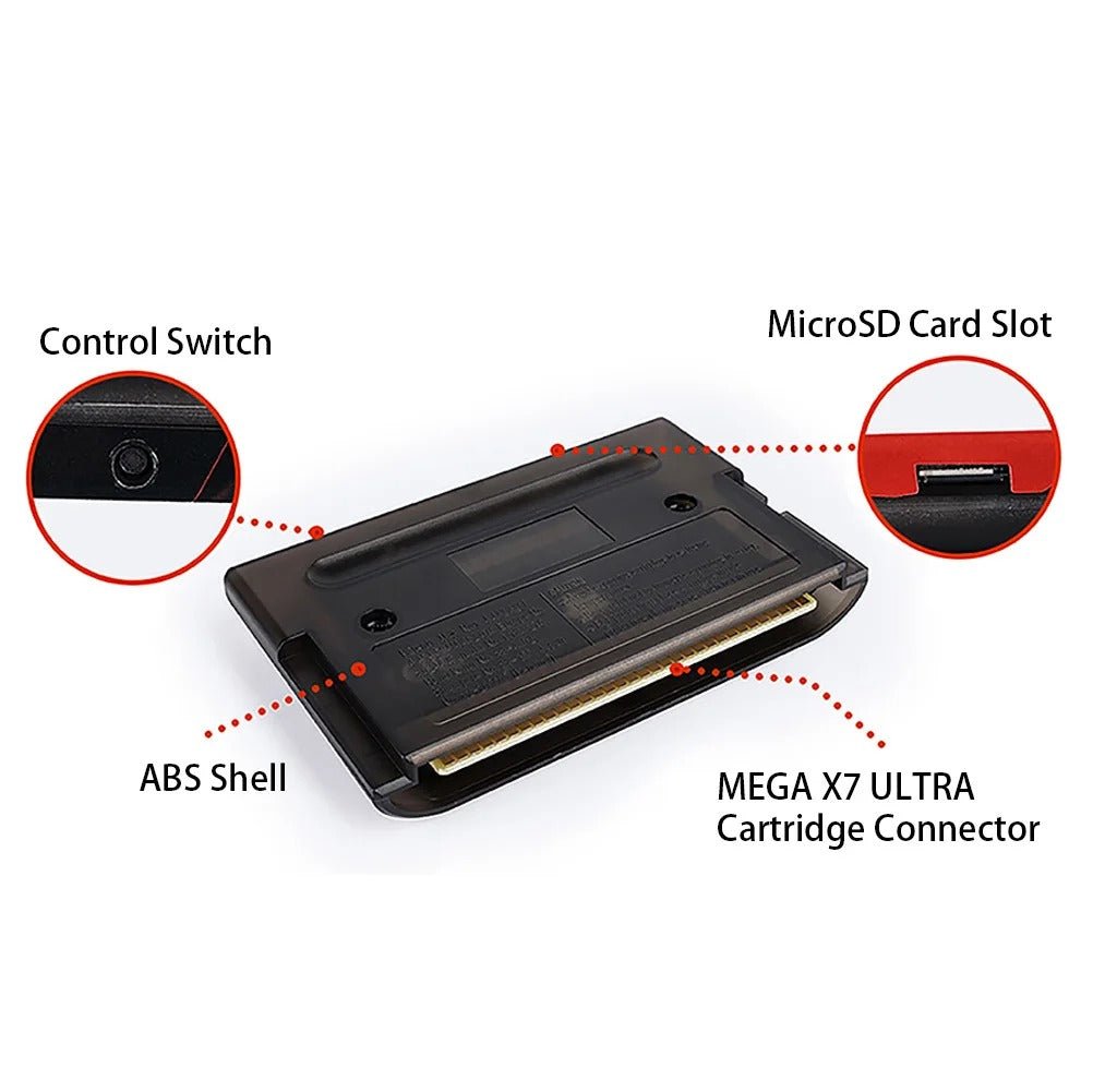 MEGA X7 Ultra Flash Cartridge (SEGA Genesis / Mega Drive) – 1200+ Games, Save States, LED Edition - Romcarts