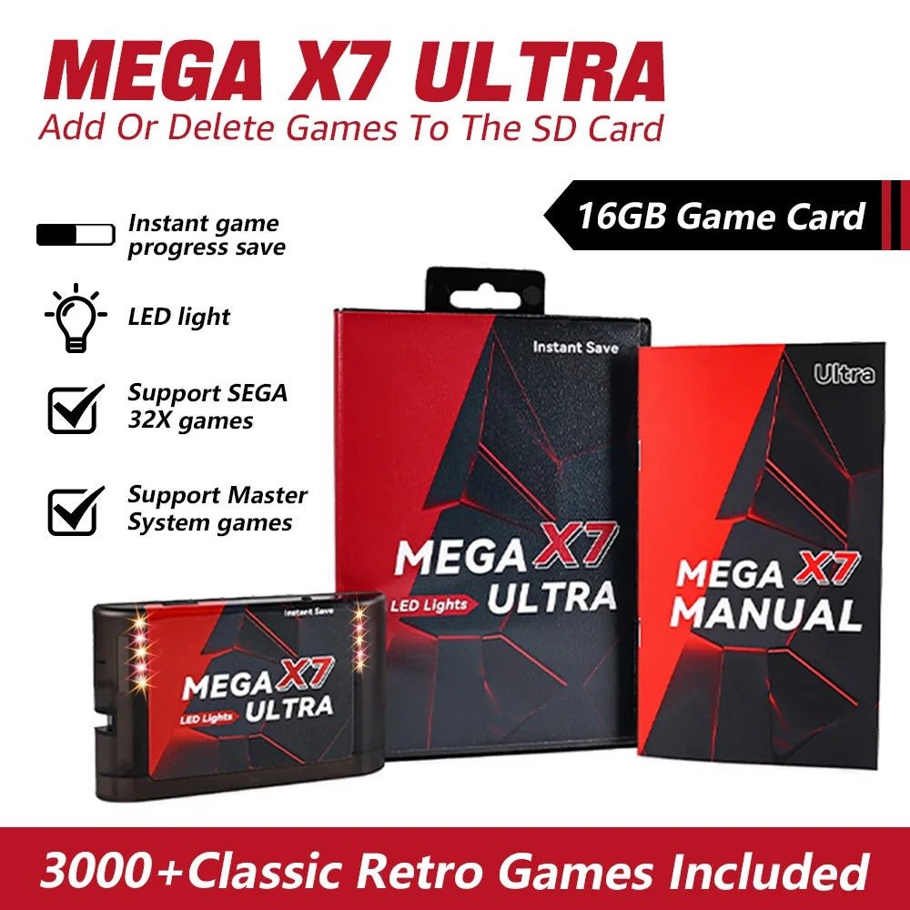MEGA X7 Ultra Flash Cartridge (SEGA Genesis / Mega Drive) – 1200+ Games, Save States, LED Edition - Romcarts
