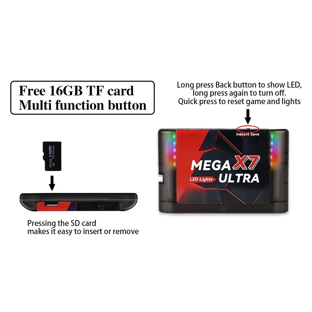 MEGA X7 Ultra Flash Cartridge (SEGA Genesis / Mega Drive) – 1200+ Games, Save States, LED Edition - Romcarts