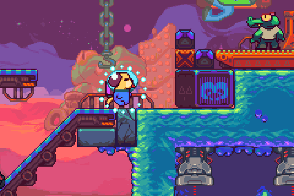 Goodboy Galaxy GBA gameplay — Maxwell jumps between industrial platforms